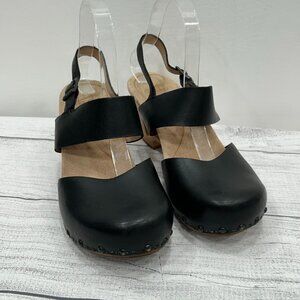 Dansko Black Thea Leather Mary Jane Wooden Heel Slingback Clogs Size 39